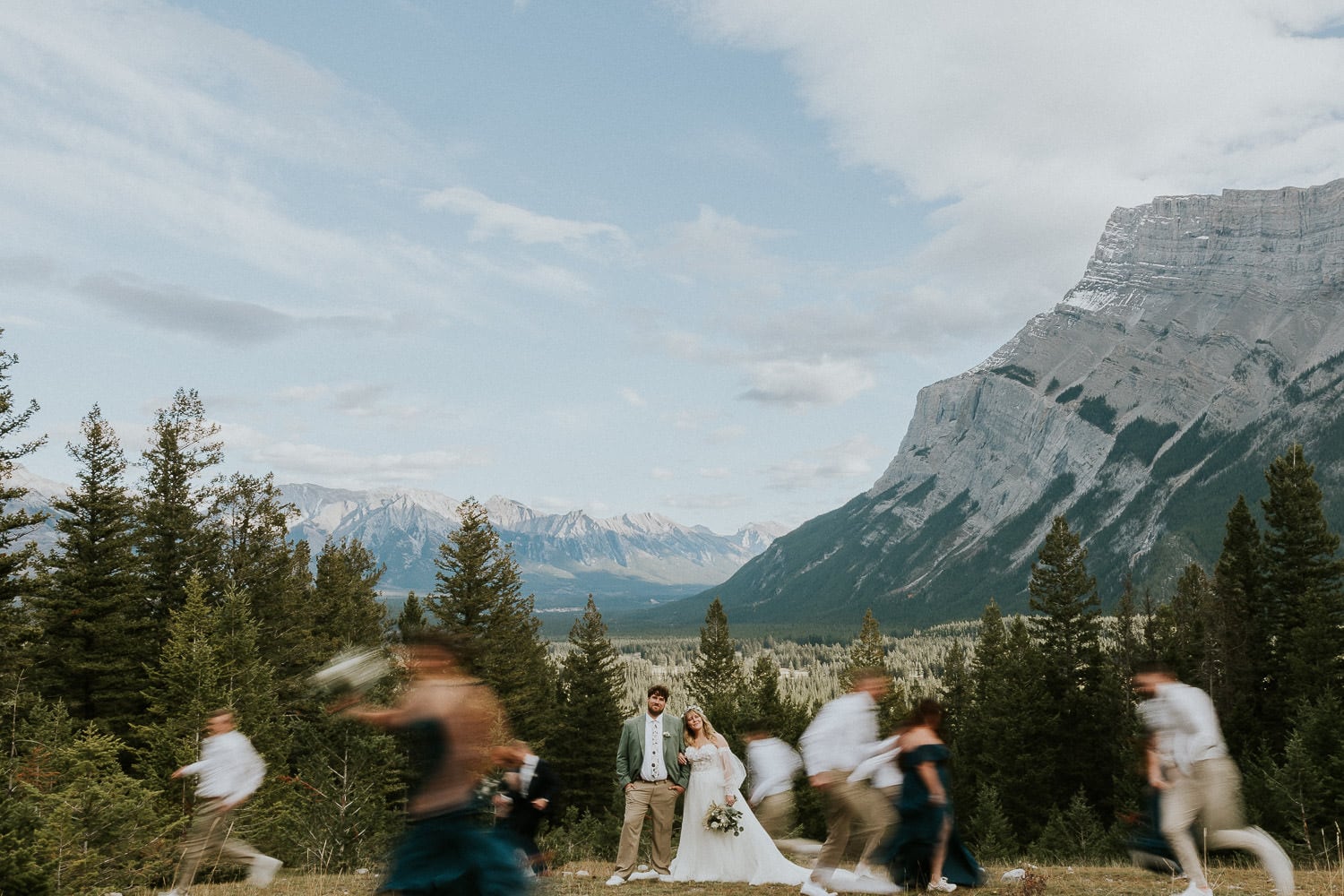 bridal party group photos at tunnel mountain in Banff Alberta.